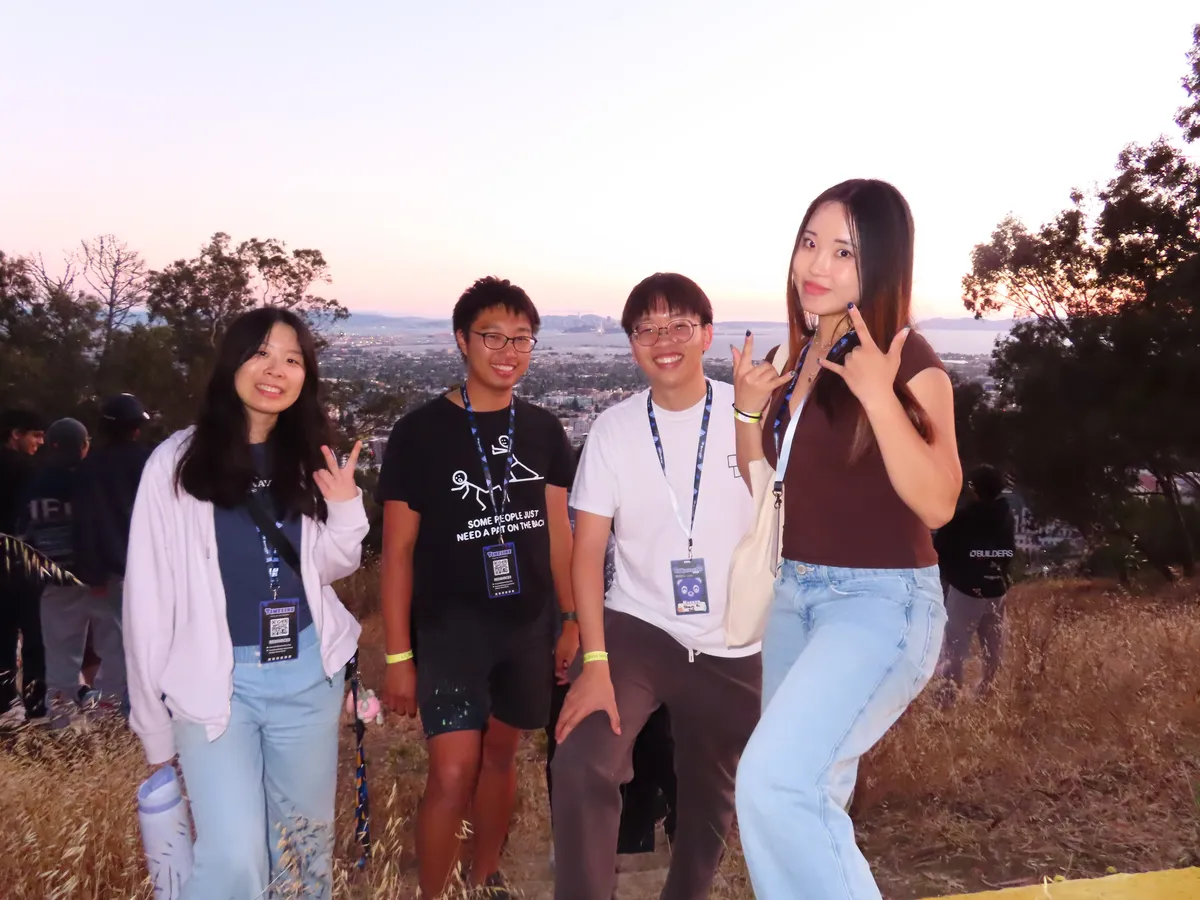 The Plantcasso team standing outside at sunset during Berkeley AI Hackathon 2026