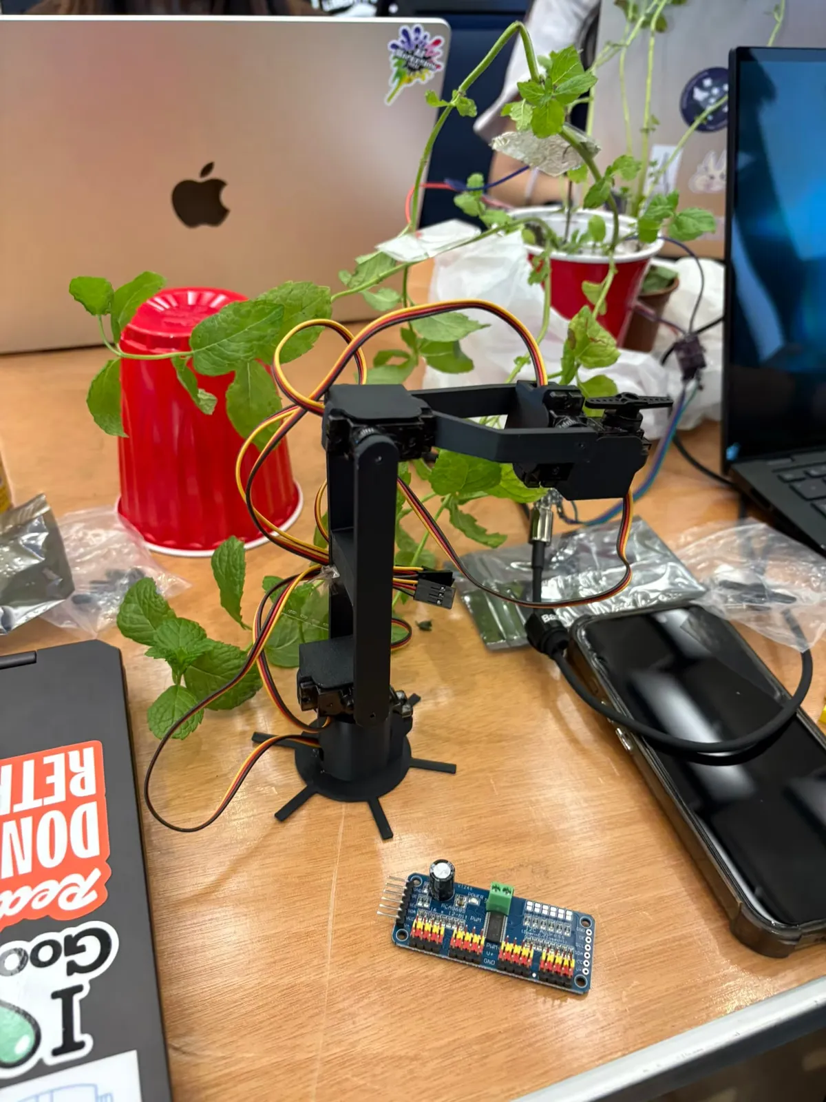Plantcasso prototype on a table with a mint plant, electronics, and a small robot arm